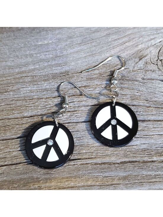 PinkDiva Jewelry - Vintage Y2K White Black Lucite Austrian Crystal Round Peace Sign Earrings